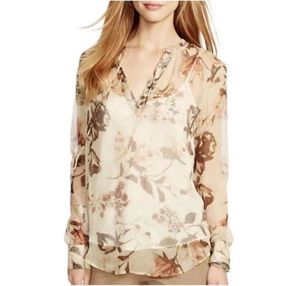 LRL Ralph Lauren Georgette Split Neck Tunic Petite L Tan Floral Sheer Fairy Boho